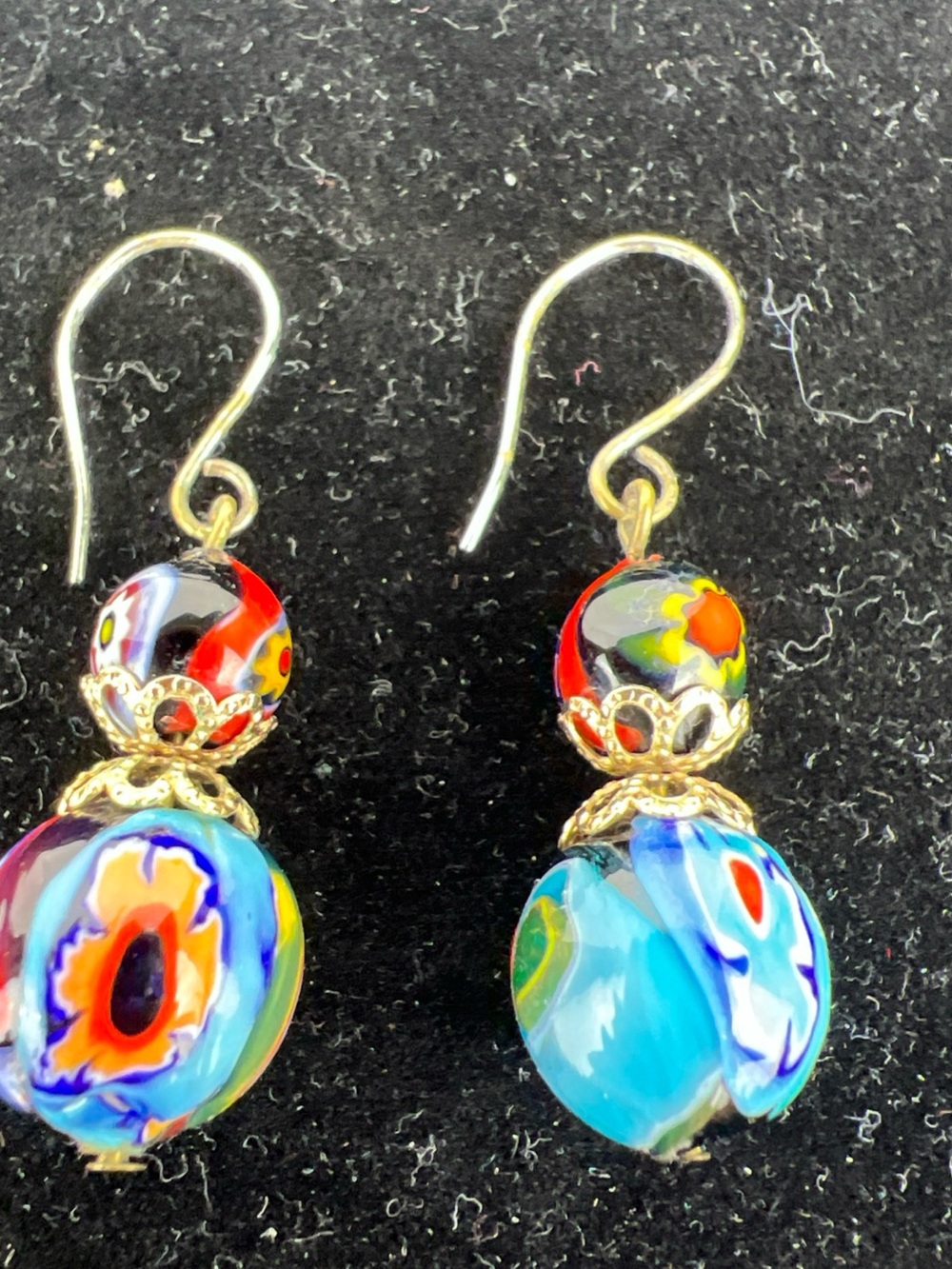 Millefiori art glass round beaded drop earrings with Gold Accents